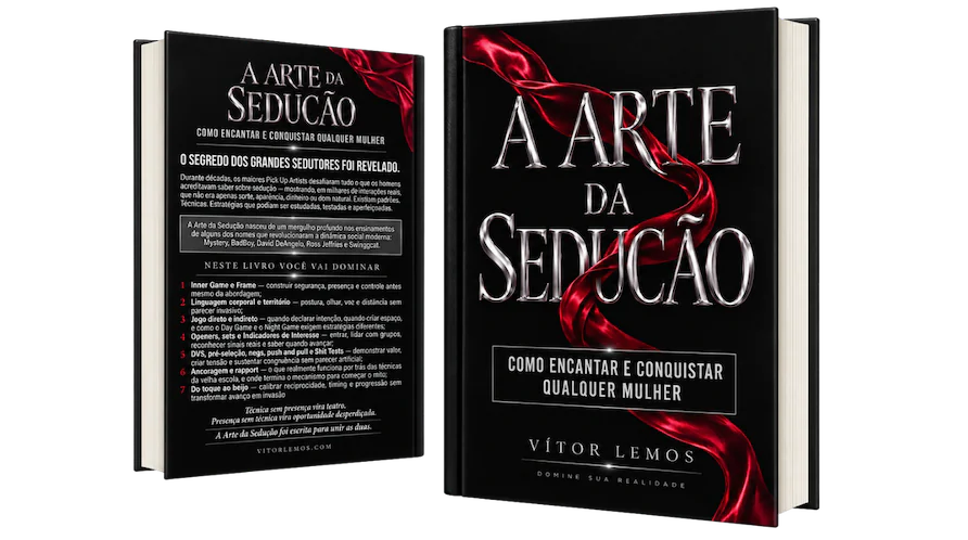 Capa e contracapa do livro A Arte da Sedução — Como Encantar e Conquistar Qualquer Mulher, de Vítor Lemos