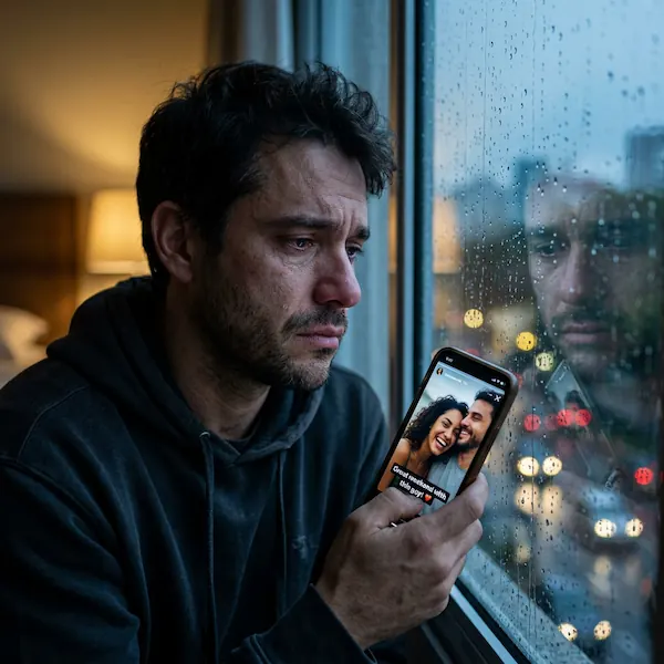 Homem tenso iluminado pela tela do celular, ilustrando a dependência emocional e a perda do Frame masculino na dinâmica de relacionamentos.